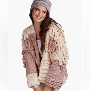 Anthropologie Chunky Fringe Bubble Stitch Cardigan Blush Knit Statement Sweater